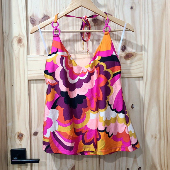 NWT Trina Turk Fan Faire Ring Halter Tankini Swim Top Colorful Retro Size 14